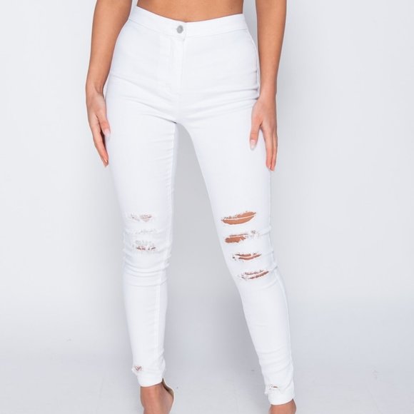 white high waisted ripped skinny jeans